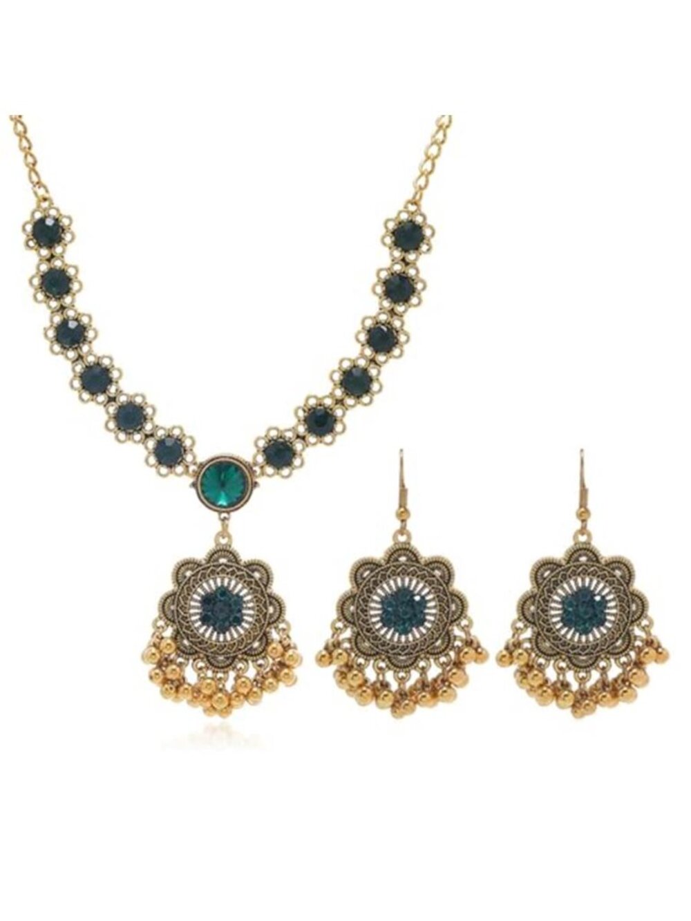 Dtja Boho Flower Ball Jhumka Jewelry Set for Women Gold Tone Indian Green